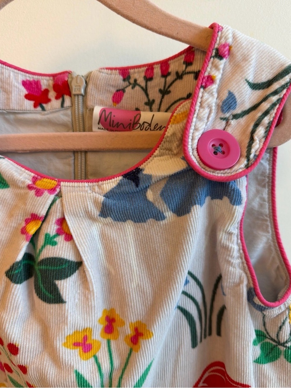 Mini Boden Floral Corduroy Dress in Ivory with Pink Trim